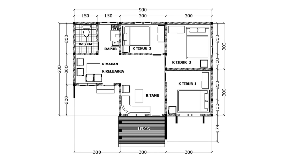 Denah Rumah 6x9 3 Kamar Tidur Tanpa Garasi
